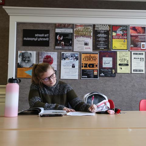 Student going over their notes in Harned Hall. 